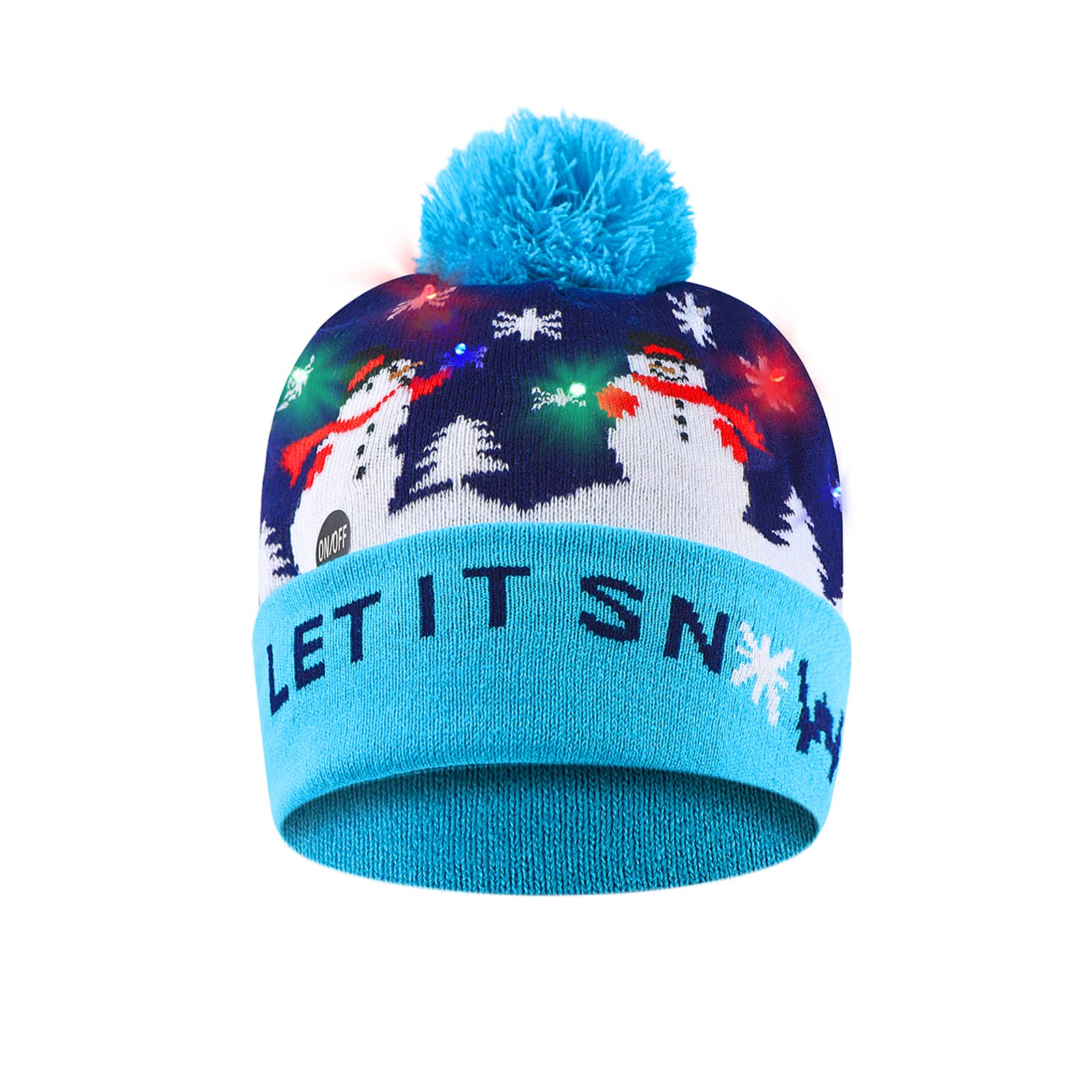 SHOKAN Light Up Christmas Hat - LED Cap With 6 Colorful Lights, Glow In The Dark Xmas Snowman Beanie, Unisex Blue Knitted Hat for Kids Adults Party Gift