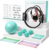 PILALON Pilates Ring Set - Studio-Grade Anti-Deformation Pilates Kit - Pilates Equipment for Home Workout - 14'' Pilates Ring, Pilates Ball, 2 Dumbbells, 5 Resistance Bands for Toning Arms, Thighs