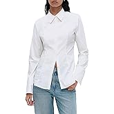 Womens White Dressy Casual Button Down Shirt Tapered Waist Slim Fit Top Long Sleeve Work Business Blouse