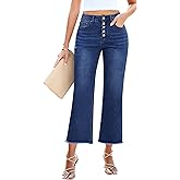 GRAPENT Capri Jeans for Women Trendy High Waisted Wide Leg Flare Button Fly Stretchy Denim Pants Raw Hem Cropped Jeans