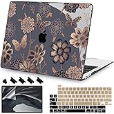 Teryeefi for M1 M2 MacBook Pro 13 inch Case 2022 2020-2016 Release (Model A2338 A2289 A2251 with Touch Bar), Plastic Hard Shell Case & Keyboard Cover & Screen Protector, Gold Flowers