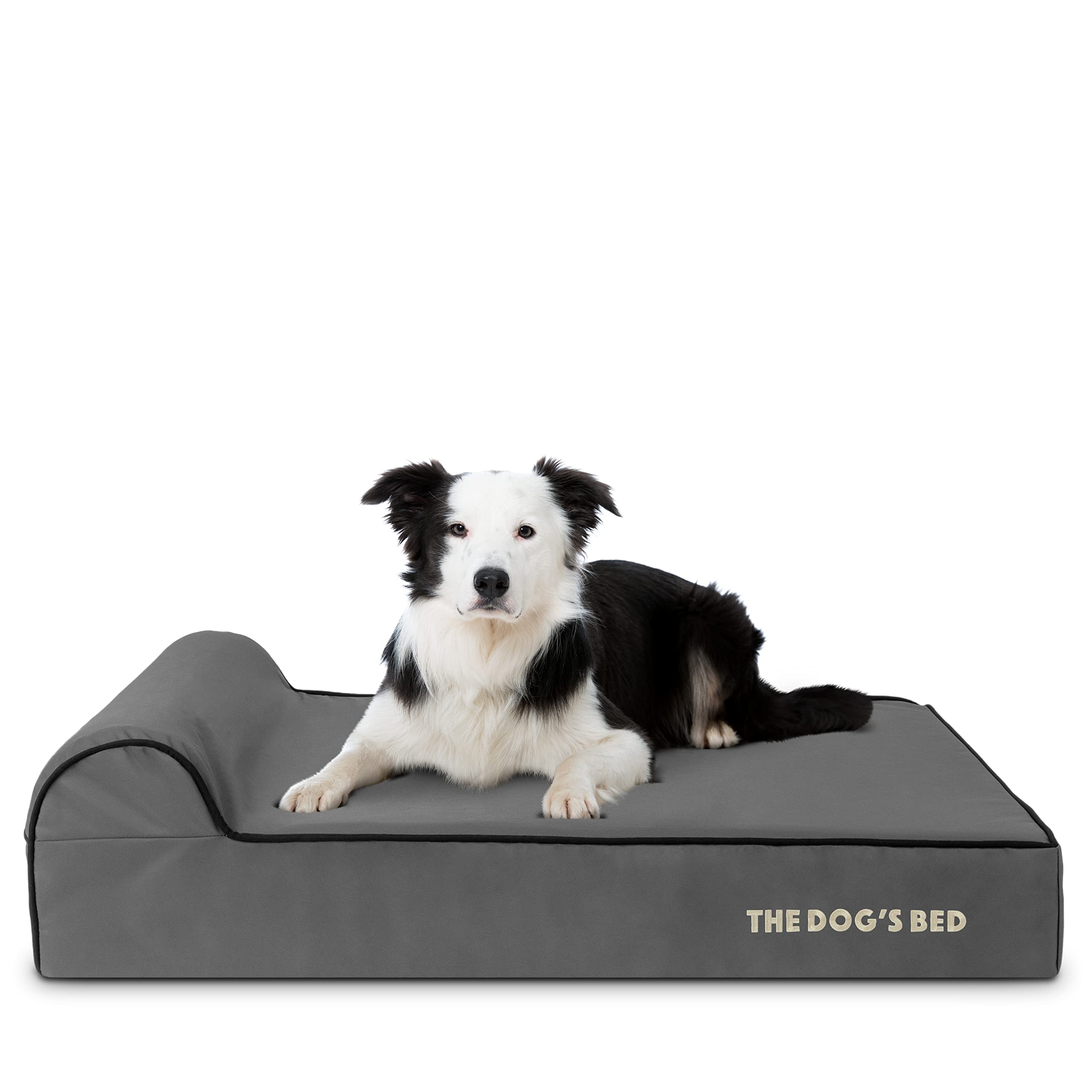 The Dog’s Bed – Orthopaedic Memory Foam Bed with Headrest, Grey with Black Trim, Large, 15cm