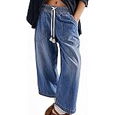 Womens Mid Rise Wide Leg Jeans Drawstring Ankle Baggy Casual Elastic Fashion Boyfriend Denim Pants with Pockets