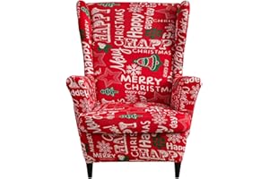 HAOYONG Christmas Stretch Wingback Chair Cover 2 Pieces Wing Chair Slipcover Printed Wingback Armhair Slipcover Wingback Washable Sofa Covers Christmas Decoration Furniture Protector for Armchair