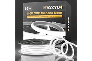 HRGXYUN 110V COB LED Neon Lights, 20m/65ft Cool White LED Rope Light with Back Adhesive,Dimmable Silicone LED Neon Strip Light for Cabinet Home Office DIY Lighting Projects