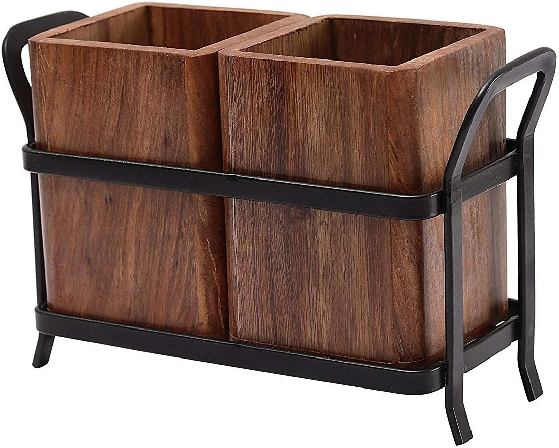 JVS Cutlery Holder (Duo) Wood with Black Stand in Elegant Look