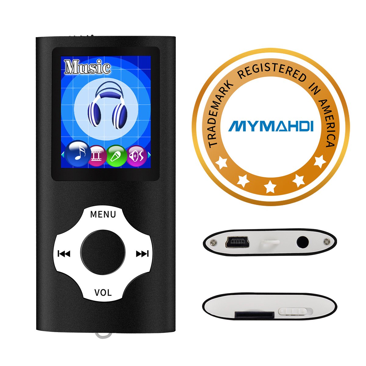MYMAHDI MP3 / MP4 Portable Player, schwarz mit 1,8 Zoll LCD Bildschirm und Micro SDHC Kartensteckplatz, Max Support 128GB Micro SD TF Karte