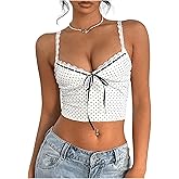 Milumia Women's Polka Dots Tops Y2k Lace Trim V Neck Spaghetti Strap Tank Crop Top
