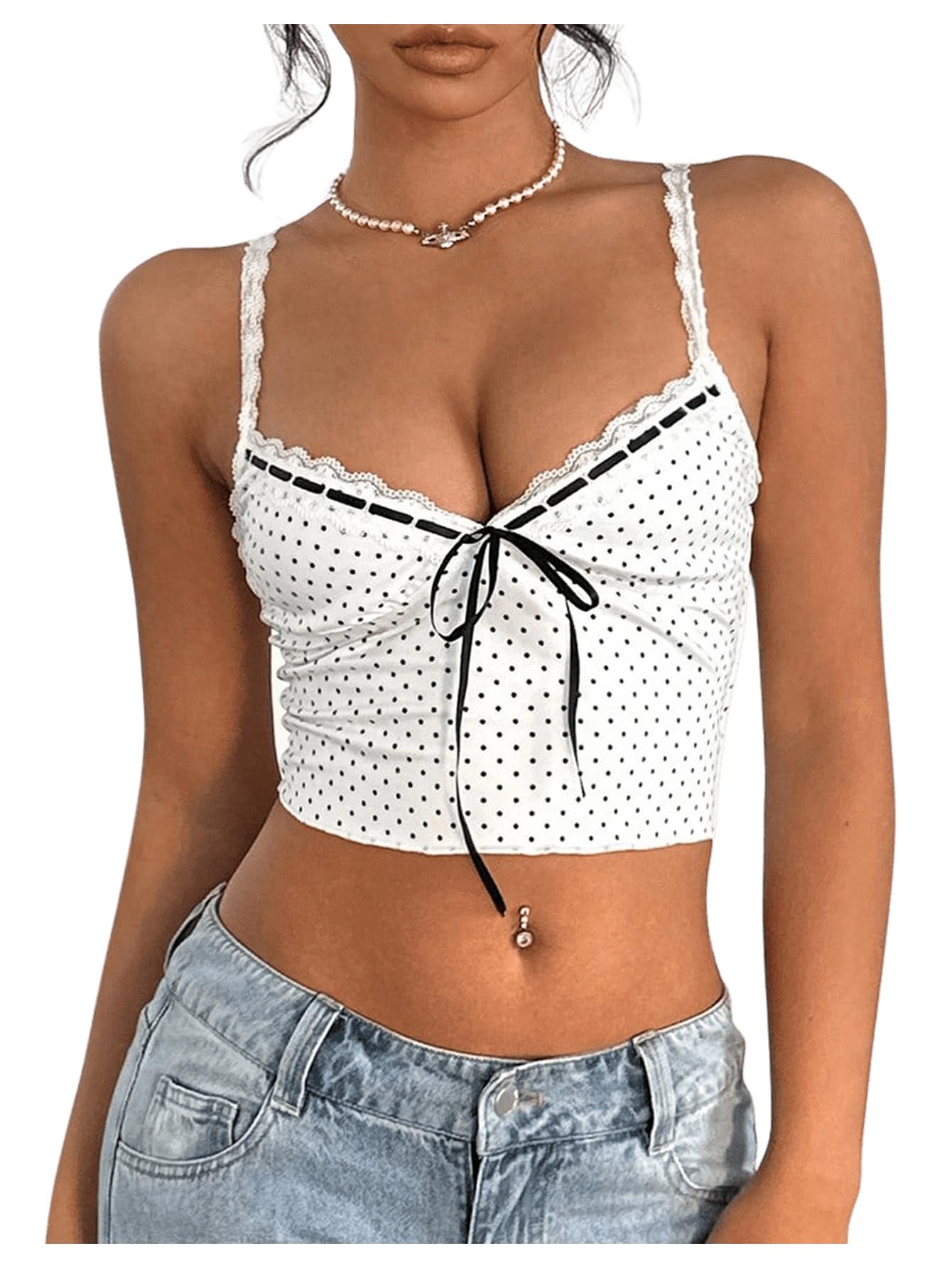 Photo 1 of Milumia Women's Polka Dots Tops Y2k Lace Trim V Neck Spaghetti Strap Tank Crop Top Black and White Small
