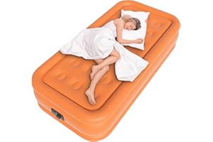 HikerSKY Twin Air Mattress with Built-in Pump, Single Air Bed with Portable Storage Bag, 18'' Blow up Mattress Suitable for Home and Guests, Top Flocking, 18" Twin Orange