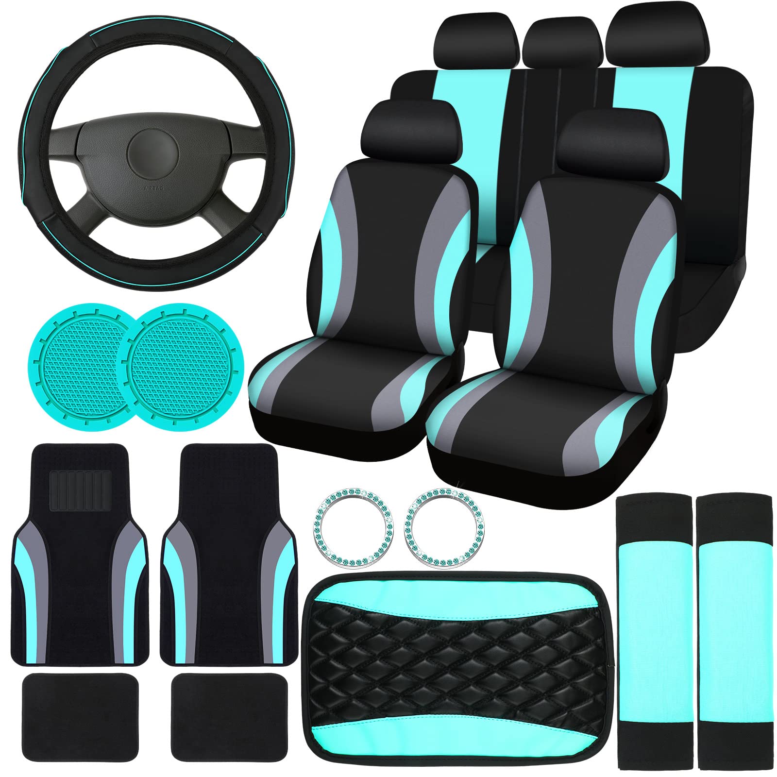 Photo 1 of Fabbay 21 Pcs Car Seat Covers Full Set Car Floor Mats Steering Wheel Cover Armrest Seat Belt Pad Seatbelt Cup Mats Emblem Ring Sticker for Sedans Trucks SUV(Black, Mint)
