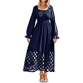 Simplee Women's Boho Flowy Long Sleeve Maxi Dress Square Neck Empire Waist Smocked Swing Wedding Guest Dress