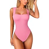 OQQ Women's 1 Piece Bodysuits Sexy Ribbed Strappy Square Neck Sleeveless Tummy Control Tank Tops Bodysuits