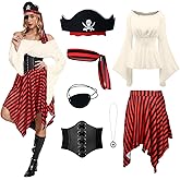 Gumyawl 7 Pcs Women Pirate Costume Renaissance Shirt Medieval Dress with Compass Necklace Medieval Pirate Set