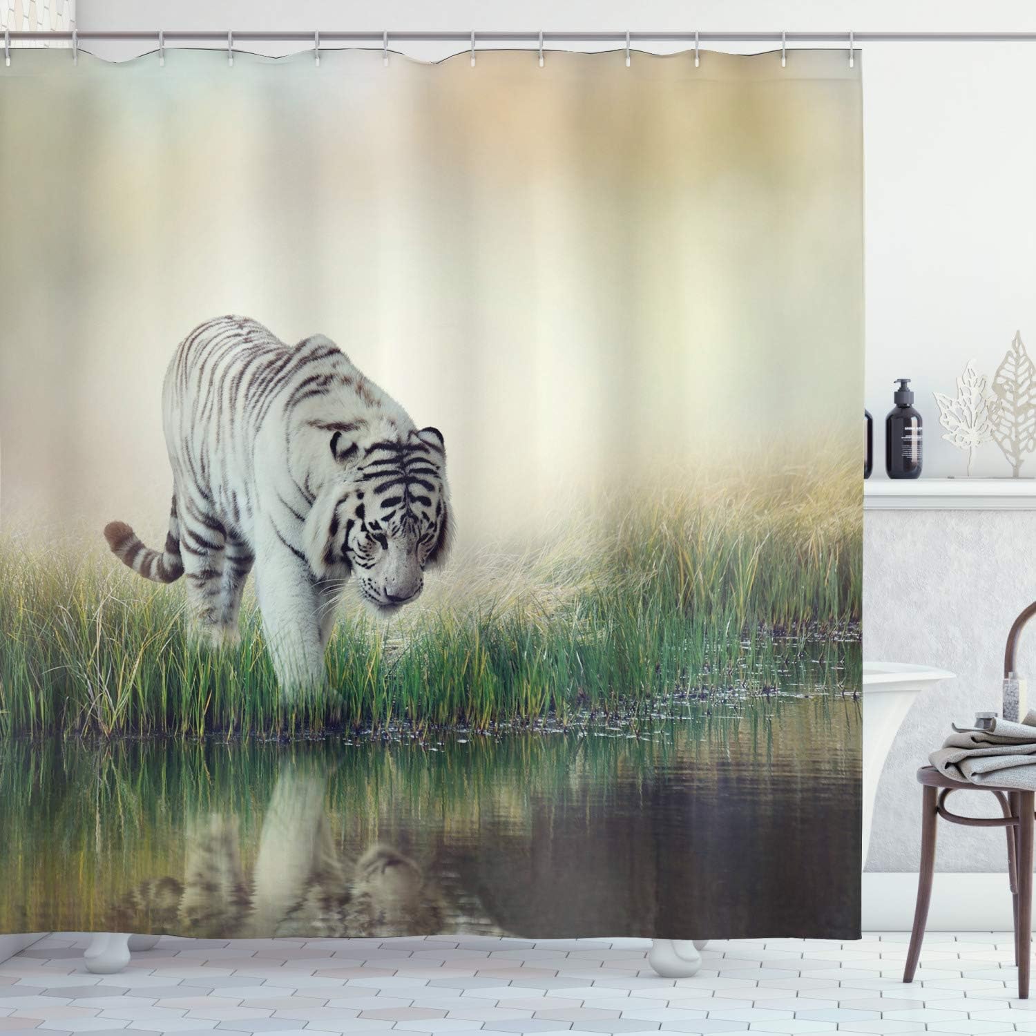 Amazon Com Ambesonne Albino Tiger Near A River Exotic Animal Lover Themed Photo With Hazy Background Cloth Fabric Bathroom Decor Set With Hooks 70 Green White Home Kitchen