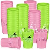 Qinyoung 48 Pcs Witch Party Decoration 16 oz Pink and Green Plastic Cups Reusable Drinking Tumblers Bulk for Witch and Princess Themed Birthday Party Favors Supplies