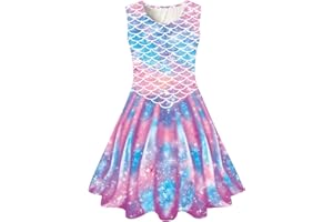 Funnycokid Girls Mermaid Dress Kids Summer Sleeveless Birthday Sundress Swing Outfit 4-13 Years
