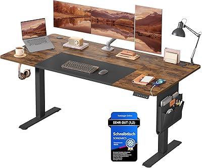 SONGMICS Höhenverstellbarer Schreibtisch elektrisch, 160 x 70 cm, stufenlos verstellbar, Memory-Funktion mit 4 Höhen, vintagebraun-Mattschwarz LSD026X01
