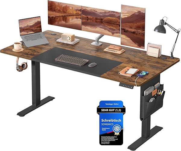 SONGMICS Höhenverstellbarer Schreibtisch elektrisch, 160 x 70 cm, stufenlos verstellbar, Memory-Funktion mit 4 Höhen, vintagebraun-Mattschwarz LSD026X01