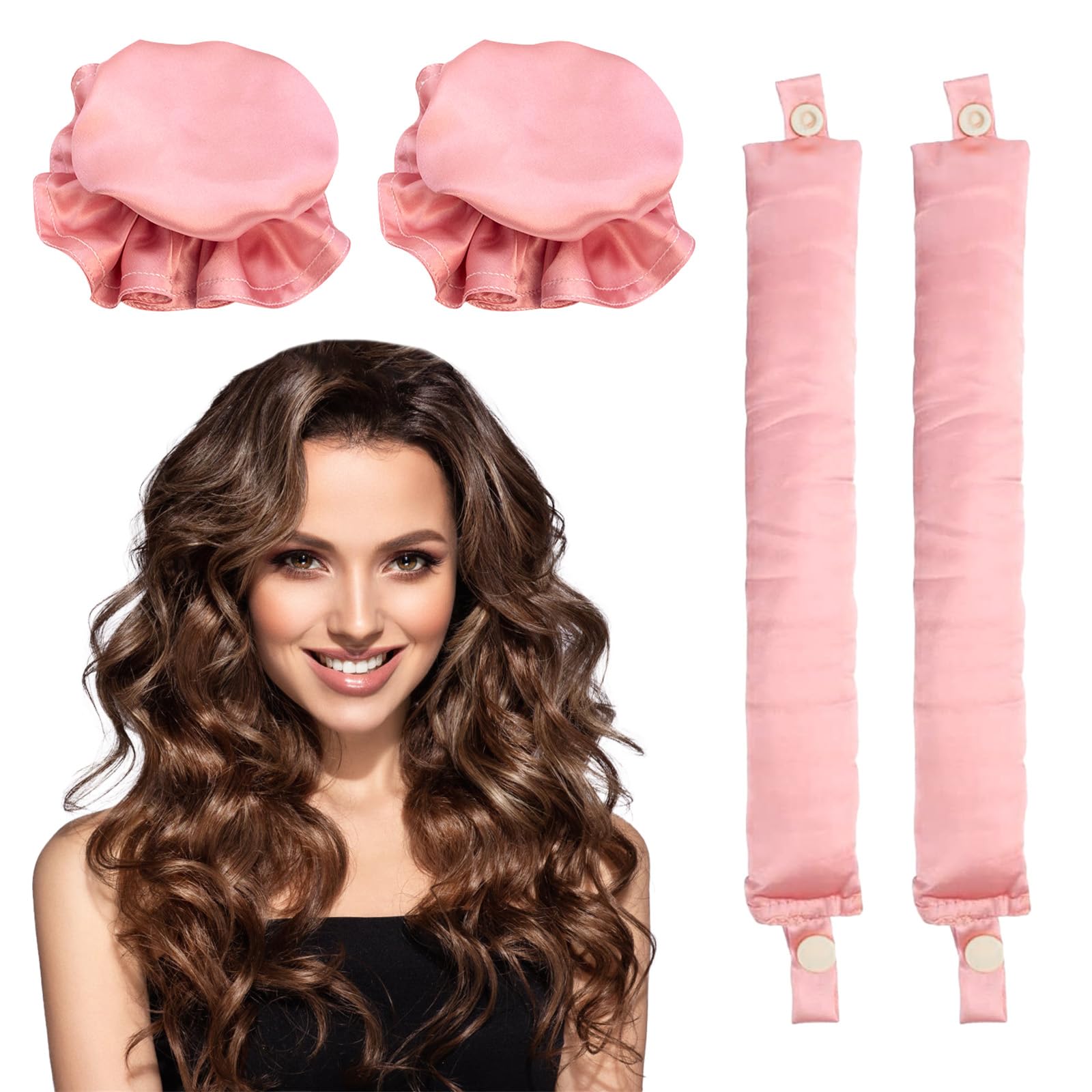 ZUOQIANG 2 Pairs Heatless Hair Curlers,No Heat Hair Curling Rod with Soft Satin Curling Caps ，Lazy Curlers Diy Hair Styling Tools， for Long & Medium Hair Sleep In Curling Kits （pink）