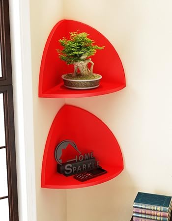 Home Sparkle Engineered Wood Corner Wall Shelf Set (26.5 cm x 19 cm x 19 cm, Red, Set of 2)
