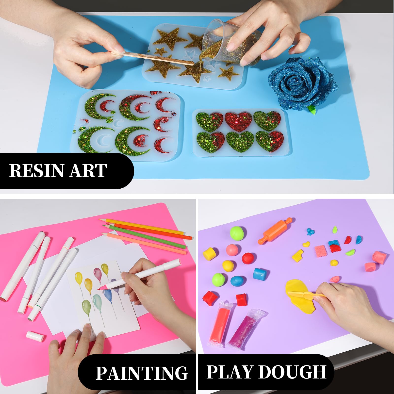 LEOBRO Silicone Mat for Resin Molds, 3 PCS Silicone Mats for Epoxy Resin, UV Resin, Play Dough Mat, Clay Mat, Nonstick Silicone Sheets Pads for DIY Arts and Crafts, Pink & Purple & Blue, 15.7”x 11.7”