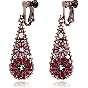 MALOYANVE Bohemian Crystal Teardrop Clip on Earrings for Women Vintage Hollow Out Flower Floral Dangle Earrings National Styl
