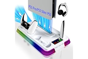 LHFDIAN PS5 Cooling Station, PS5/Slim/Pro Stand with Dual Charging Station for PlayStation 5, PS5 Accessories Kits, Vertical Stand with 3 Levels Cooling Fan, Headset Holder for PlayStation5 Digital/Disc