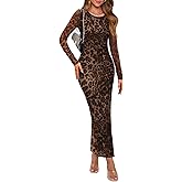 WIHOLL Women's Bodycon Maxi Dress Fall Fashion Long Sleeve Floral Print Tight Fitted Party Club Ruched Dresses