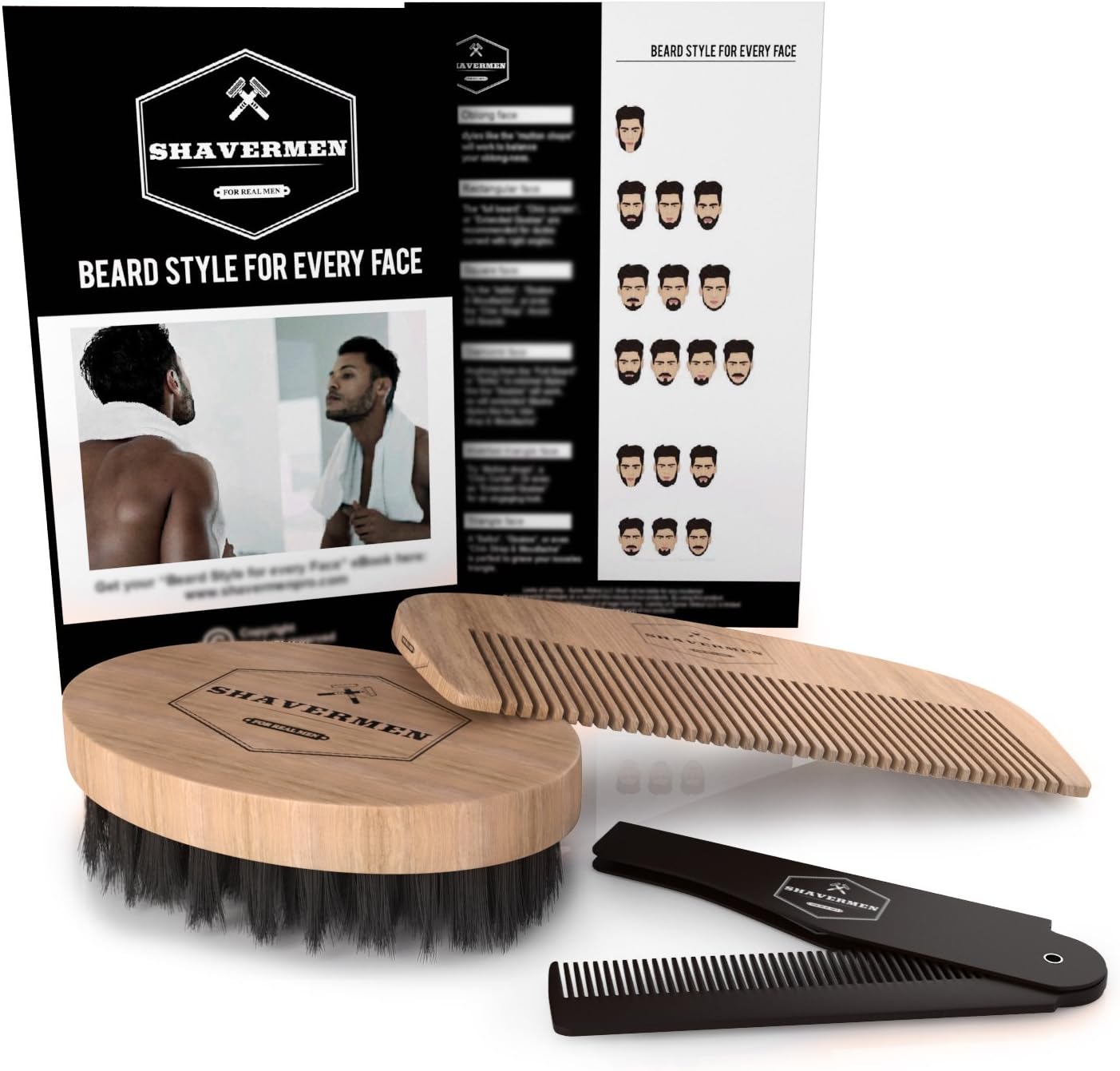 Beard Comb and Brush + Folding Comb by Shavermen For Short and Long Beards Pocket Beard Set - Board Bristle Brush Quality Kit