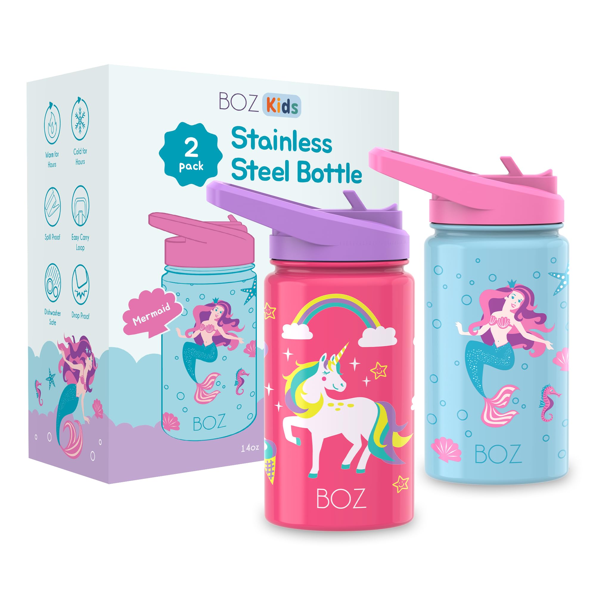 BOZ Kids Insulated Water Bottle with Straw Lid - Two-Pack Bundle, Unicorn/Mermaid, Stainless Steel Vacuum Double Wall Water Cup, 14 oz (414ml). Scratch-Resistant, Carry Handle, and Dishwasher-Safe \