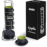 MIAMIO - 2.5 oz Espresso Cup Set with Saucers Set of 6 - Ceramic Coffee Mug Stackable Espresso Mug with Stand for Coffee Drinks, Latte, Cafe Mocha - Le Papillon Collection (Green)