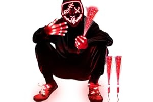 AMENON 4 Set Halloween LED Mask Light Up Gloves Glow Shoelaces Glow Fiber Optic Wands Scary Halloween Costume Party