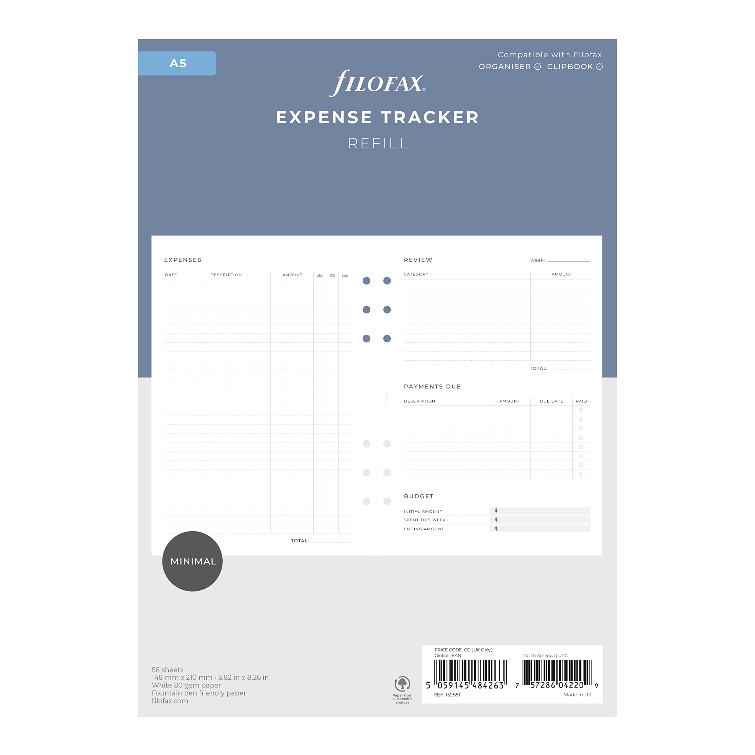 Photo 1 of Filofax Lifestyle Refill, A5 Size, Organizer Refill, White Paper, Expense Tracker, 56 Sheets (B132851), 5.75 inches X 8.25 inches