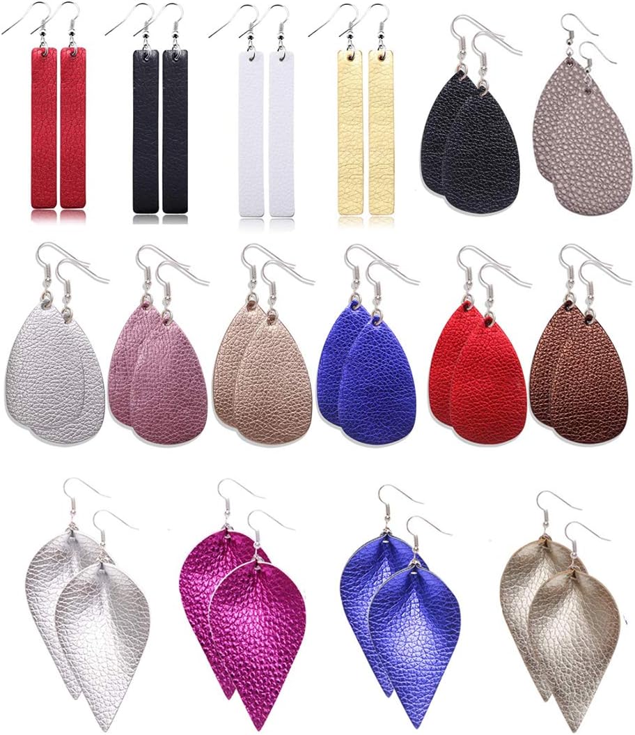 Leather Earrings Lightweight Faux Leather Leaf Earrings Teardrop Dangle Handmade for Women Girls 8 Pairs