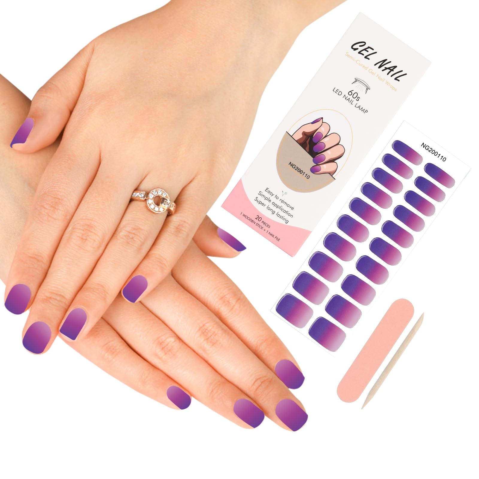 Semi Cured Gel Nails Strips, ZAHRVIA 20pcs Nail Stickers, Easy to Use, Long Lasting, Salon Quality Includes Prep Pads, Nail File & Wood Stick (UV/LED Lamp Required) - Purple Shine