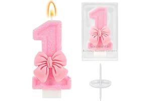 AKURIEEY Pink 1st Birthday Candle Bow Numbers 1 Candle Cake Topper Cupcake Decorations Party Decor for Girls and Women Anniversary Celebrations Supplies