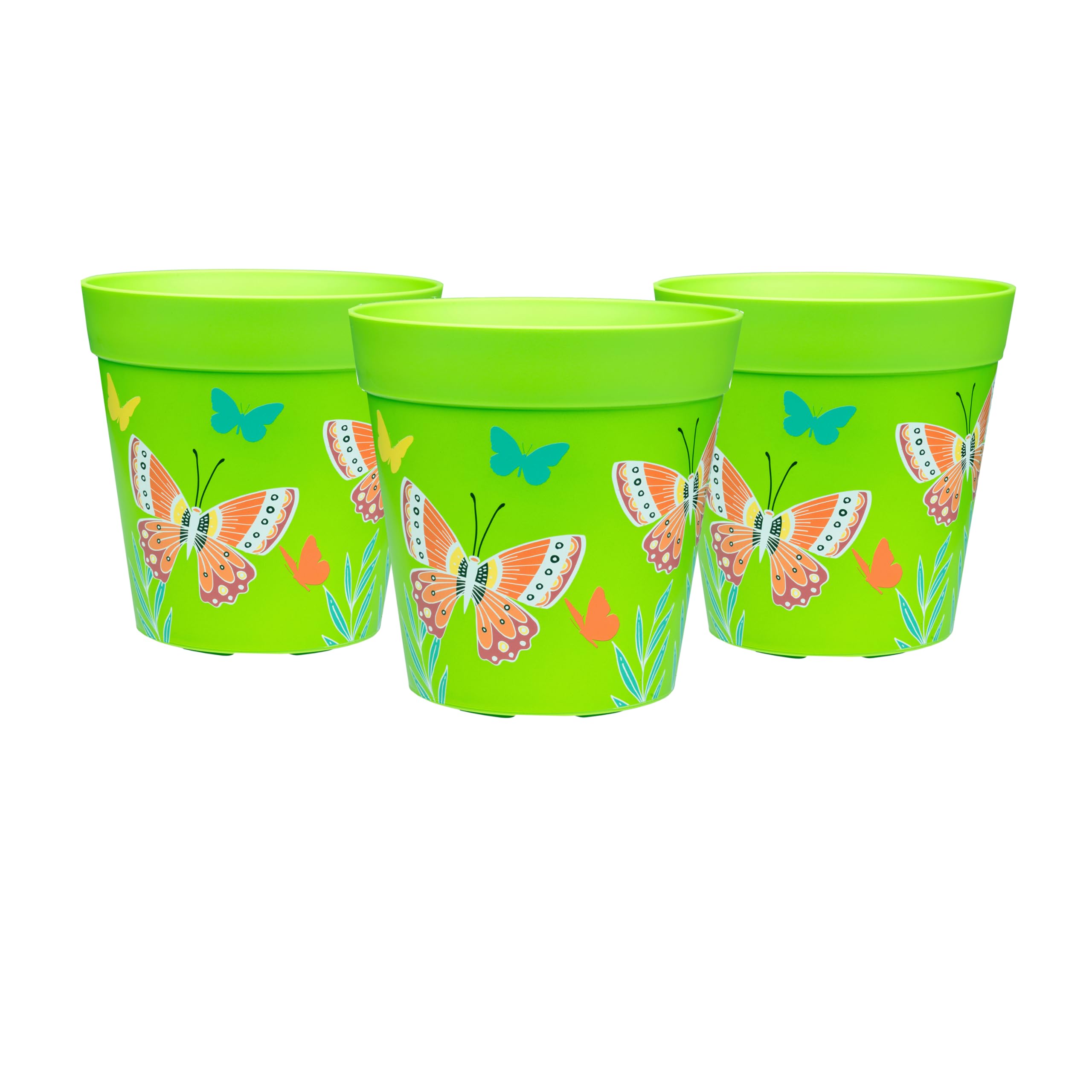 Hum Flowerpots Plant Pots, set of 3 green butterflies colourful planters, indoor/outdoor plastic pots 15cm x 15cm (14 designs available)