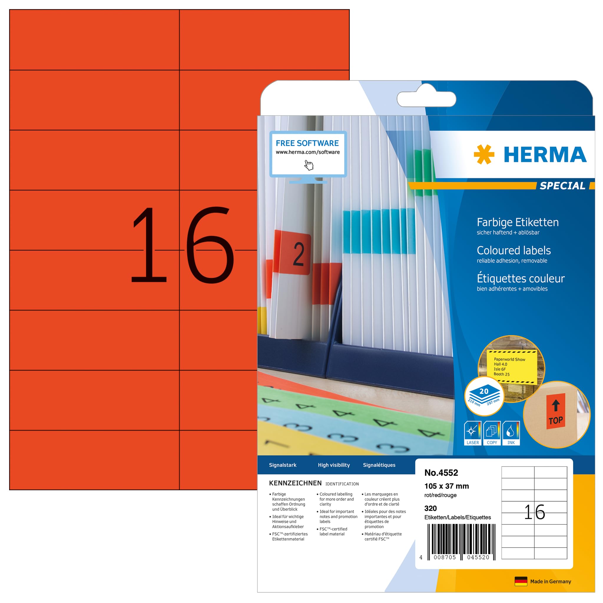 HERMA Self Adhesive Coloured Labels, 320 Labels, 105 x 37 mm, Red