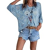 Fisoew Womens Crochet Cover Up Tops Summer Short Sleeve Hollow Out Sweater Shirts Boho Beach Swimsuit Coverups