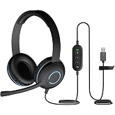 Cyber Acoustics AC-5008A USB-A Headset with in-Line Volume Control | Wired USB Headphones with Mic, In-Line Volume and Mute Controls, Classroom or Home, Made with 60% Recycled Plastic