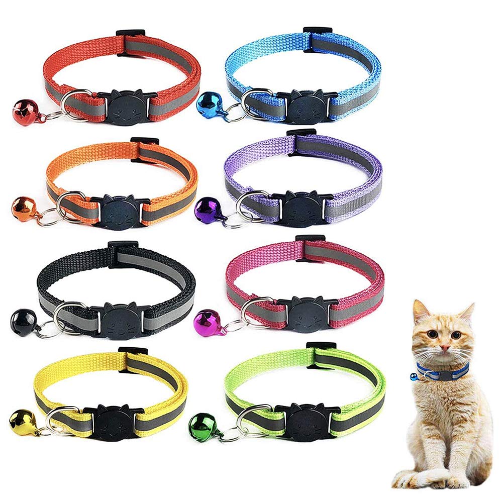 BETOY 8 pcs Cat Collar and Bell With Safety Quick Release Break Away Buckle, Suitable and Adjustable To Fit All Domestic Cats And Larger Kittens,Reflective Design Pet Collars
