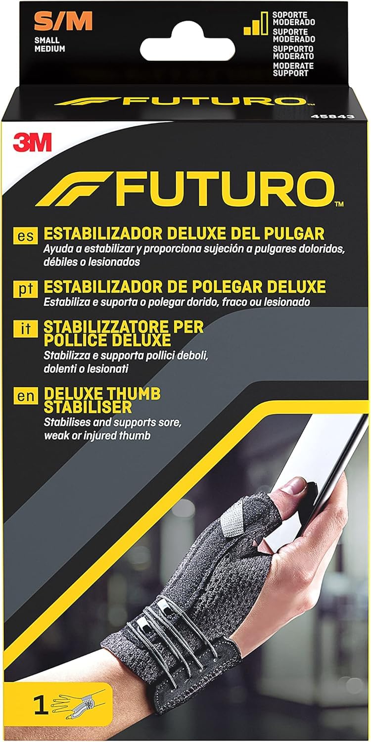 FUTURO Deluxe Thumb Stabilizer Black S/M (12.7 - 16.5 cm) – Provides Comfortable and Moderate Support for Aching, Sore or Weak Thumbs, Breathable