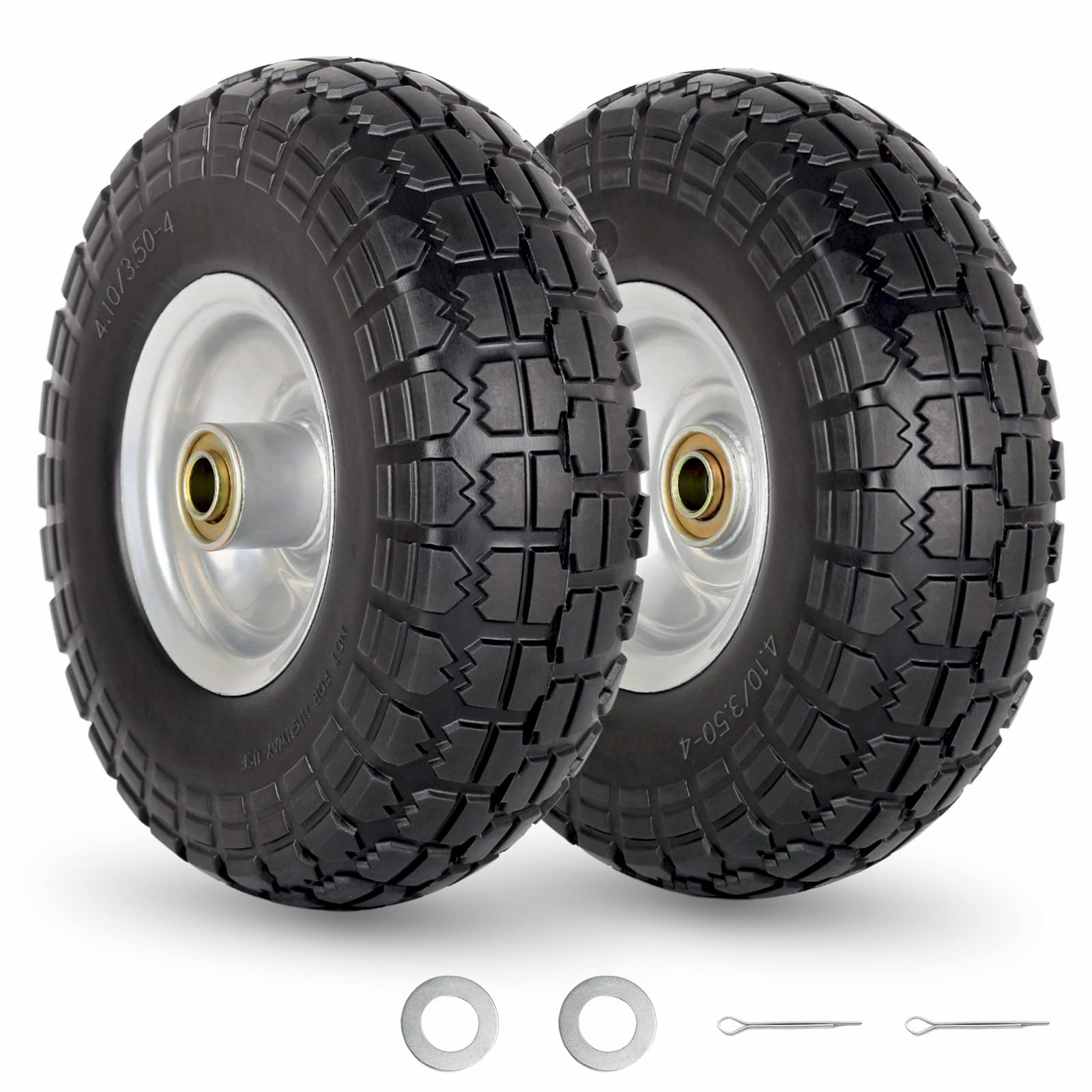 Photo 1 of GICOOL 4.10/3.50-4" Flat Free Tire and Wheel, 10" Heavy Duty Solid Tire, 5/8" Axle Bore Hole, 2.2" Offset Hub, for Hand Truck Garden Cart Wagon Trolley Dolly Replacement, 2 Pack