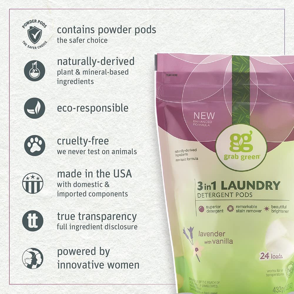 Grab Green 3-in-1 Laundry Detergent Pods, 24 Count, Lavender Vanilla Scent, Plant and Mineral Based, Superior Cleaning Power, Stain Remover, Brightens Clothes