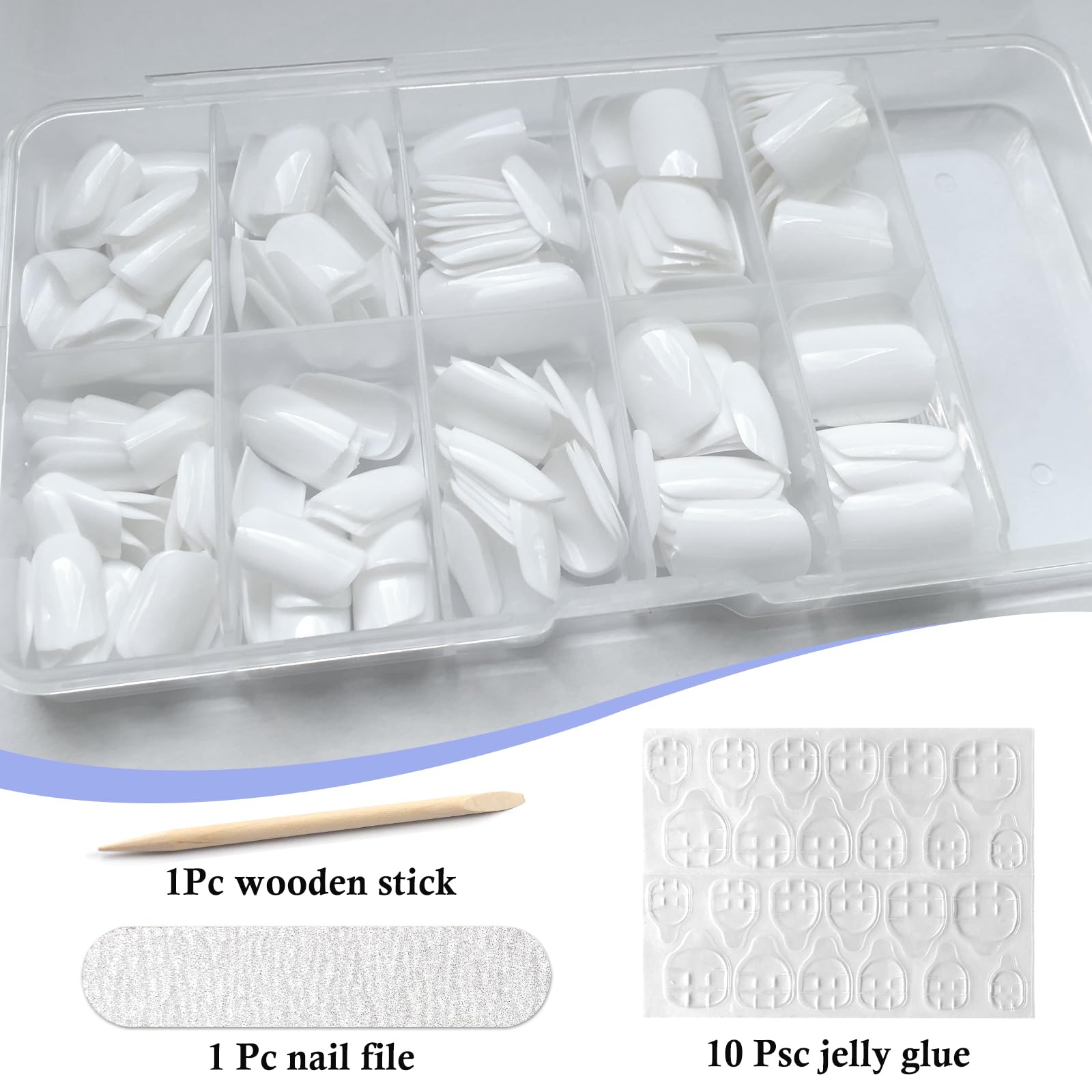 LuckForever Short Press on Nails 240pc Glossy White Press on Nails Short Square Round Fake Nails Full Cover 10 Sheets Nail Adhesive Tabs,Small Wooden Sticks and Nail Files False Nails for Women - Image 3