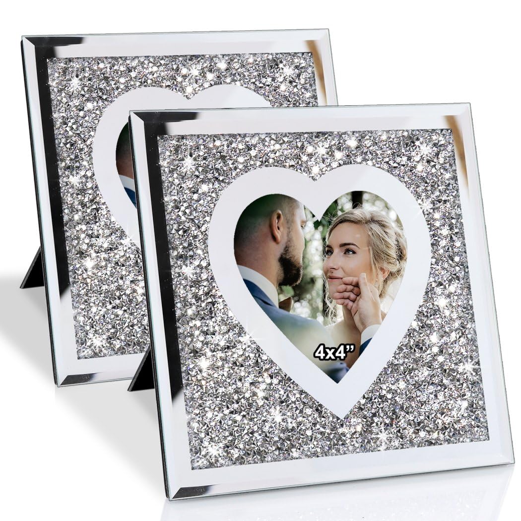 VOHJD Diamond Mirror Photo Frame For Photograph 4x4 inch Heart Shaped ...