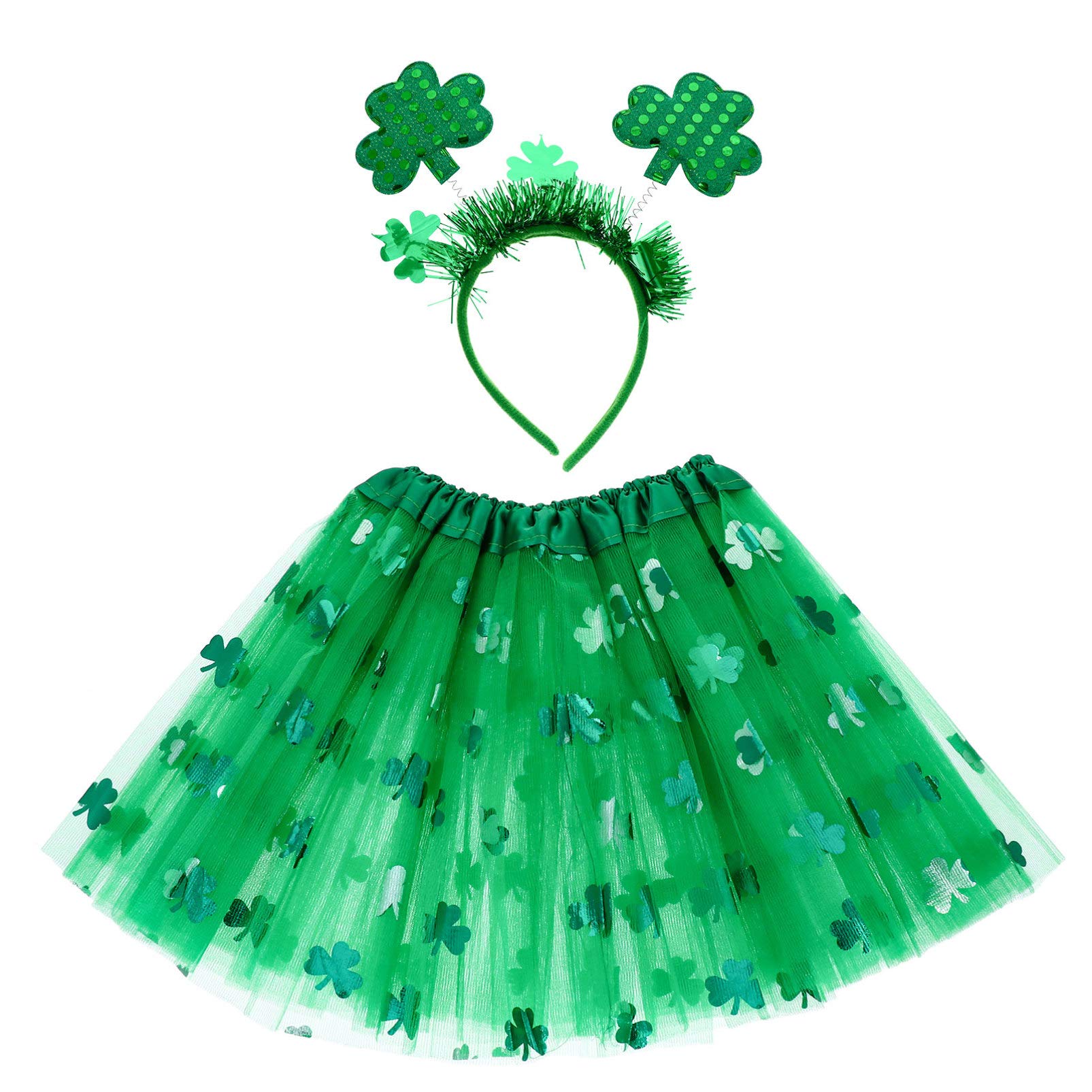 Amosfun 1 Set St Patricks Day Shamrock Clover Costume Tutu Skirts with Green Leaf Headband for Girl St Patricks Day Irish Party Favors Dress Up Skirt