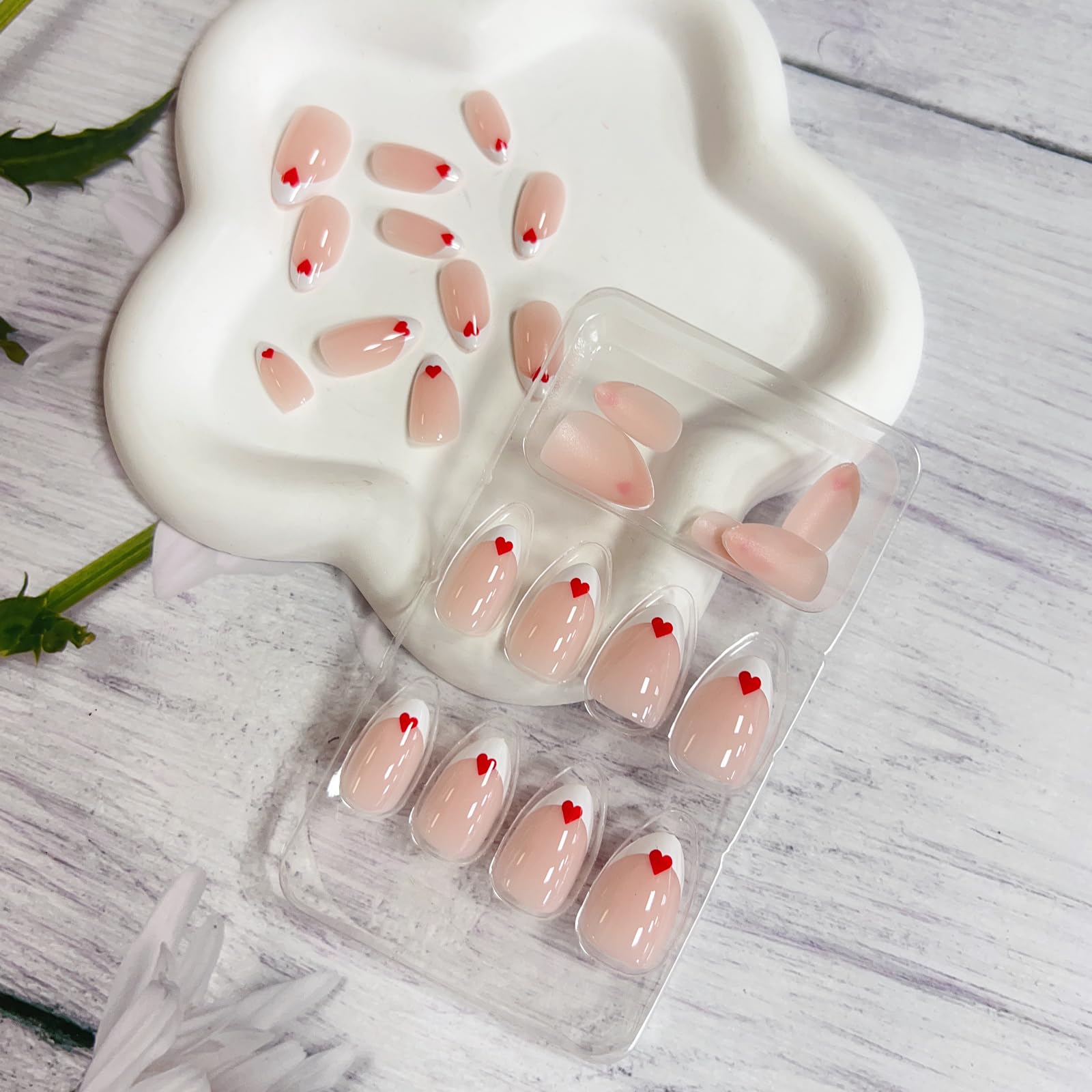 Red Heart Press on Nails Valentines Fake Nails, LPOODDNU White French Tip Almond Press on Nails Short False Nails Cute Valentines Almond Stick on Nails for Women Nail Art Decorations 24Pcs - Image 5