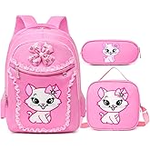 Debbieicy Cute Cat Printing Lace Backpack Lightweight Princess School Bag Kids Bookbag Handbag Pen bag Set for Primary Girls (Large, Pink1(backpack+handbag+pen bag))